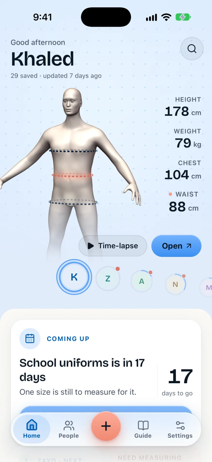 The Home screen: a 3D figure with its chest, waist and hips tapes, the family below it, and a card saying school uniforms are in 17 days.